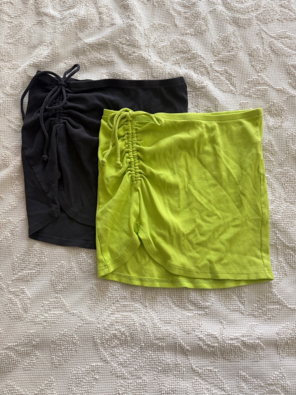 aerie Ruched Drawstring Mini Skirts — Black & Lime Green